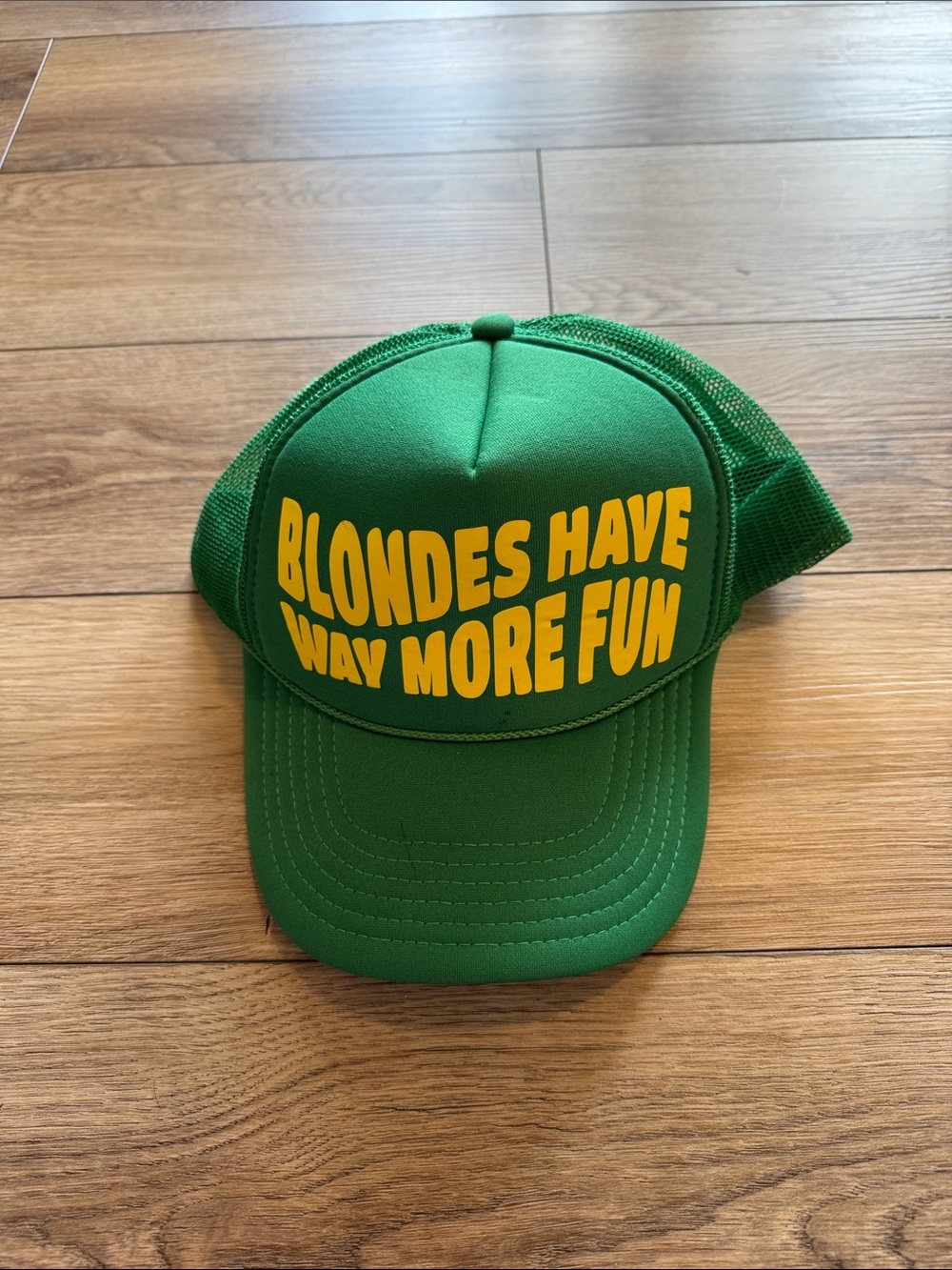 Green  Trucker Hat with Yellow 'Blondes Have Way More Fun' Print